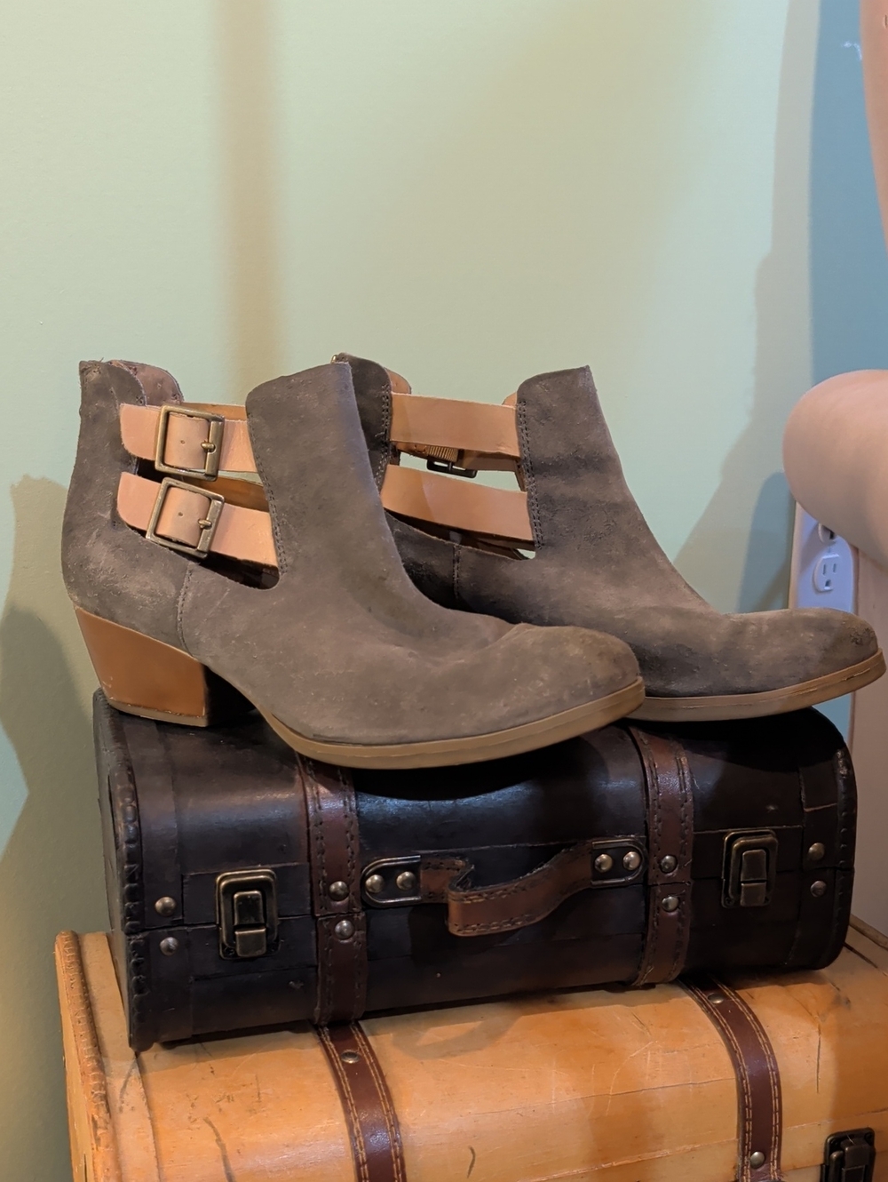 Korks Suede Cutout Ankle Booties with Buckle Straps And Back Zip - Taupe